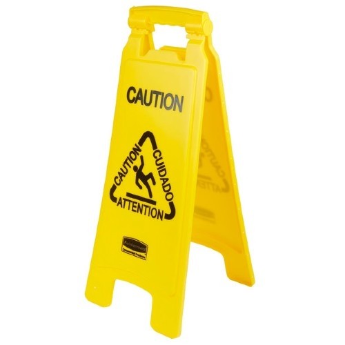 “Caution” floor sign imprinted in English, French, and Spanish