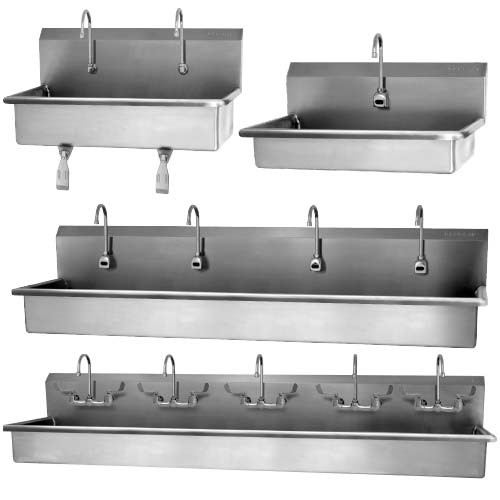 Stainless Steel Wall-Mount Wash Stations are available in multiple sizes.