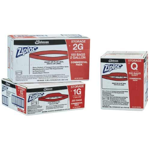 Storage ZipLoc Bags are available in Quart, 1-Gallon or 2-Gallon sizes.