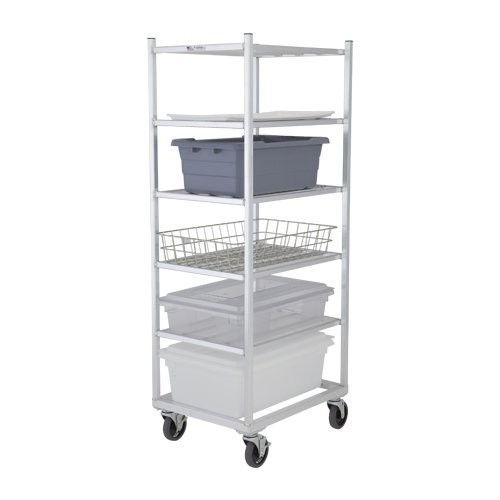 6-Shelf Aluminum Universal Rack pictured. This rack is ideal for transporting various sized platters, trays, boxes and totes.