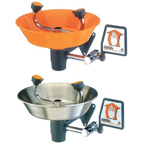 Eye Wash Station is available in orange plastic or stainless steel.