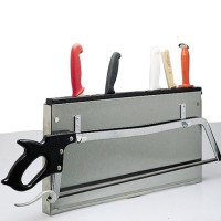 Stainless tool holder can hold 7 knives and 3 steels. Plus, it also has side hooks to hold butcher saw. Tools are sold separately.