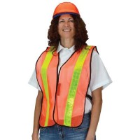 Orange, Mesh Safety Vest with yellow reflective stripes.