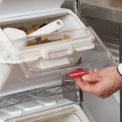 Patent-pending lid design provides one-handed access to ingredients while stacked, on a shelf, or under a prep table. Lid can swivel and rest under or over bin opening.