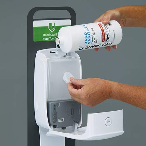 Simply pour sanitizer refill into reservoir. No replacement cartridges needed.