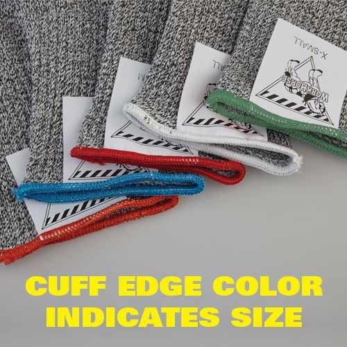 Workhorse glove sizes are indicated by the cuff color edge. This allows for quick identification. 